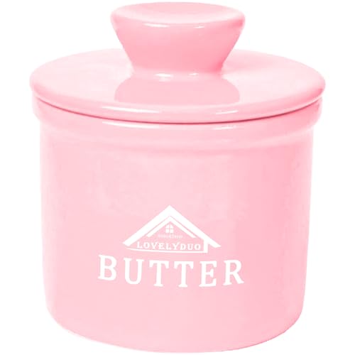 Lovelyduo Butter Crock with Lid, French Butter Keeper to Leave On Counter with Water Line, Ceramic French Butter Dish for Spreadable Butter, Pink