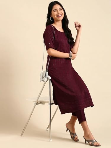 Image of SHOWOFFFF Women Woven Design Two-Piece Straight Ethnic Kurta Set | Scoop Neck 3 /4th Sleeves Silk Kurta Set for Womens | Mid-Rise Regular Fit Calf Length Kurta Set for Women's