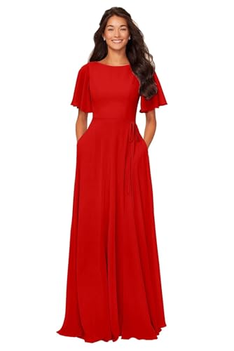 Image of petyoo Chiffon Flutter Sleeve Bridesmaid Dresses with Pockets Sash Long A Line Formal Dress