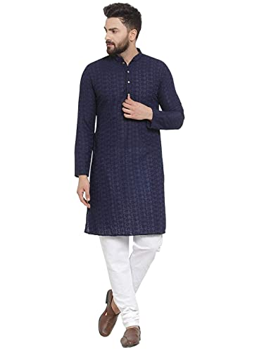 Indian Handicraft Chikankari Cotton Men Festival Floral Embroidered Straight Kurta Mandarin Collar Traditional Dress