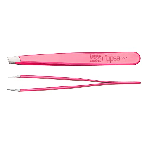 Nippes Stainless Steel Slant Pink Tweezers - Precision Pointed Slant - Quality Handmade in Solingen Germany - Professional Grade - Ergonomic Hand Grip - for Eyebrows, Eyelashes, Extensions [9.5 CM]