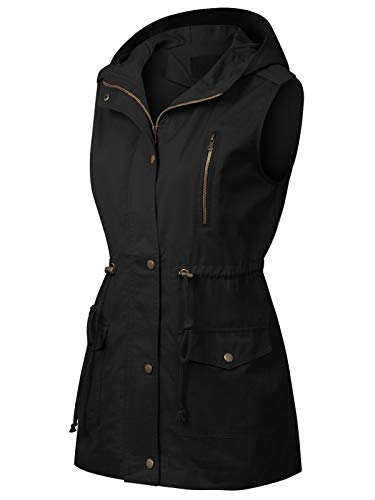 Mixmatchy Women's Hooded Adjustable Drawstring Utility Pocket Anorak Jacket Vest Black Xl #TOP1