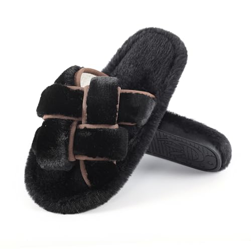 Image of Fur Story Women's Furry Slippers Open Toe Fuzzy Slippers Memory Foam Fluffy House Sandal