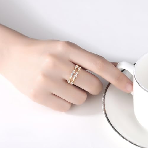 14K Gold Wedding Rings for Women, Double Row of Round Moissanite Promise Rings, Love Gifts for Her3