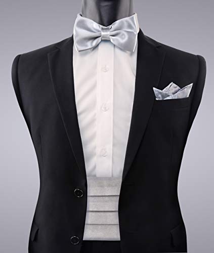 Multicolored Silk Solid Cummerbund For Mens Gift Bow Tie Set, Silver #TOP1