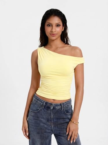 FLYSHEWIN Y2K Black Off The Shoulder Tops for Women Double Lined Sleeveless Trendy Going Out Crop Tank Shirt Blouses Shirts(Yellow,XL) — view 5