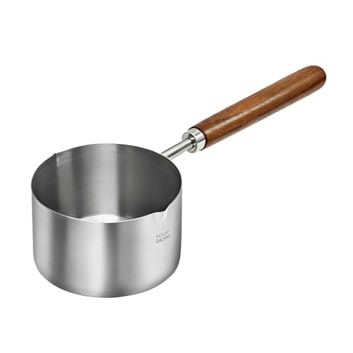 Mini Sauce Pan Cooking Pot with Wooden Handle, Stainless Steel Small Milk Pan and Butter Warmer, with pour spout,250ml
