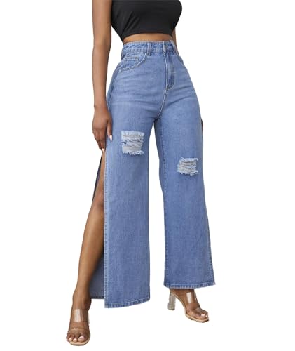 Sexyshine Women's High Waist Side High Split Jeans Distressed Ripped Loose Wide Leg Long Denim Pants Club Streetwear2