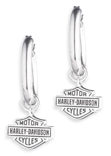 Harley-Davidson Womens Script Bar & Shield Logo Charm Hoop Earrings Silver