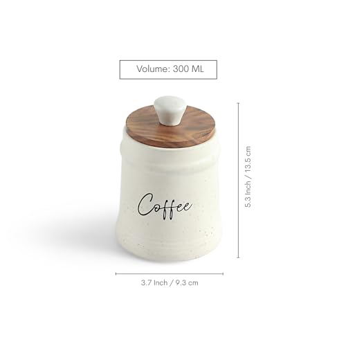 Image of ExclusiveLane 'Daily Rituals' Airtight Ceramic Jars For Kitchen Storage With Wooden Lid Ceramic Containers For Pickle Cookies Sugar Dry Fruits (Set of 3, Airtight, 300 ML, Hand-Embossed, 13.5 Cm)