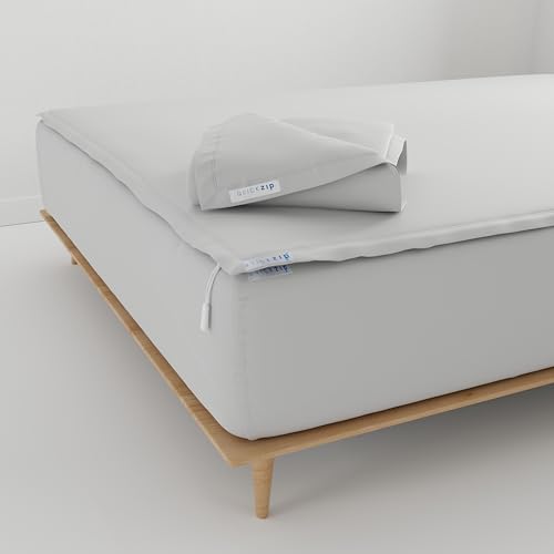 Image of QuickZip Fitted Plus Spare Bundle: 1 Fitted Sheet (Base + Zip Sheet) & 1 Zip Sheet - Easy to Change, Won't Pop Off - Soft Percale 400 TC 100% Cotton - 15 inch Deep Pockets Twin Size Sheets - Misty Gray