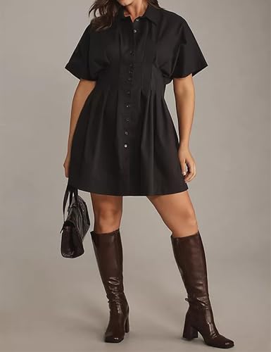 Image of SAFRISIOR Women Button Front Pleated Mini Shirt Dress Summer Short Sleeve Striped Blouse Casual Corset Dresses Black