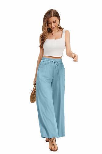 Image of KICZOY Women Flowy Pants Drawstring Waist Wide Leg Palazzo Beach Pants Loose Fit with Pockets