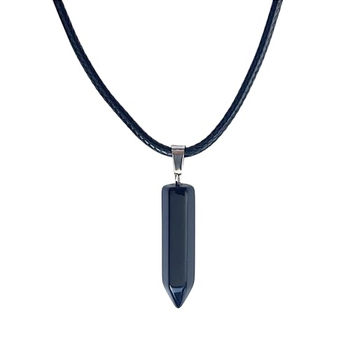ASTER ALHELÍ - Colgante Hombre Mujer Piedra Punta de Flecha con Collar Encerado de Cuero Negro y Cierre de Acero Inoxidable - Punta de Flecha Amuleto de Protección - Perfecto para Regalo (Ágata Negra)