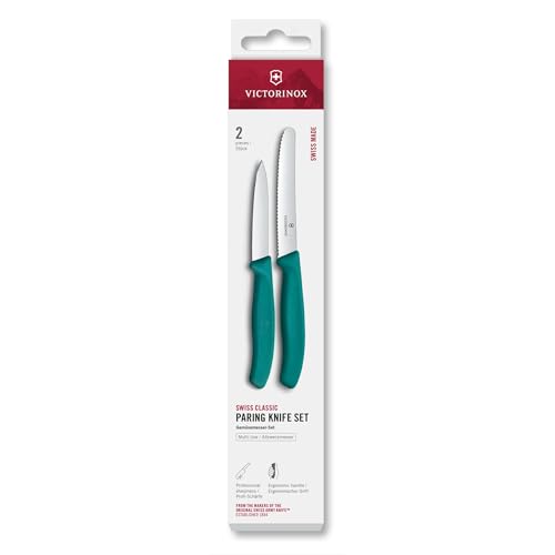 Victorinox Swiss Classic Set de couteaux à légumes, 2 pièces, Lame droite et lame crantée, Acier inoxydable, Swiss Made, Vert