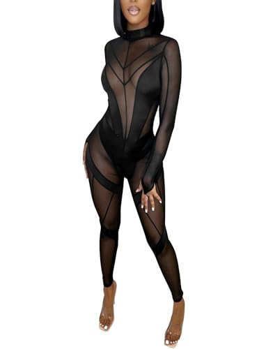 Sprifloral Women Sexy High Neck Sheer Mesh Splicing Bodycon Jumpsuit Romper Clubwear Black XXL