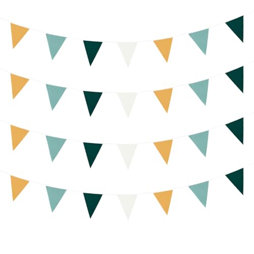 Image of Zwiebeco 39Ft Dark Green Gold White Fabric Bunting Banner Triangle Flags Cotton Garland Pennant for Forest Wild One Safari Birthday Wedding Baby Shower Outdoor Garden Decorations