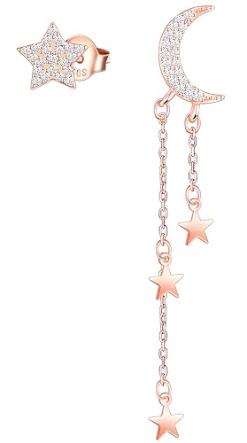 MICMIF Orecchini Asimmetrici con Stella e Luna in Argento 925, Orecchini Oro Rosa Orecchini Pendenti Luna Stella con Zirconi Ipoallergenico Gioielli per Donna Ragazze