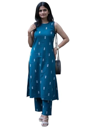 Image of GoSriKi Women's Viscose Printed A-Line Kurta with Pant | Sleeveless Ethnic Kurta Set for Women | Casual Office Kurta Pant Set | Festive & Daily Dress Traditional Outfit