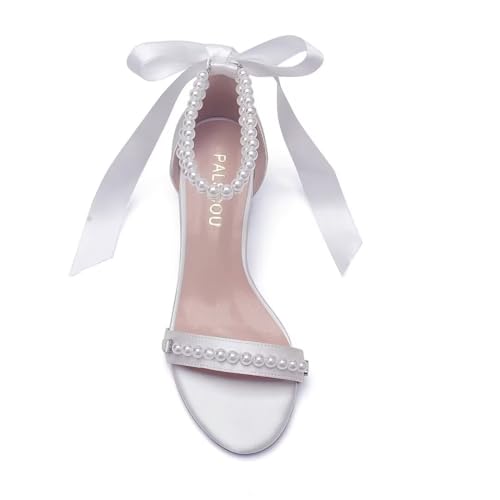 Image of Block Heel Wedding Sandals, Pearl Embellished Ankle Strap, Low Heel Bridal Shoes for Women, Size EU 36-41
