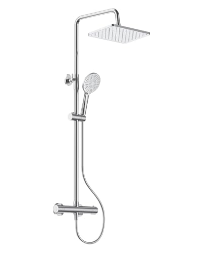 YEAUPE PRO Système de douche avec robinet thermostatique, en acier inoxydable chromé, avec douche à effet pluie carrée de 30 x 20 cm, 3 types de jets, douchette à main et barre de douche réglable en