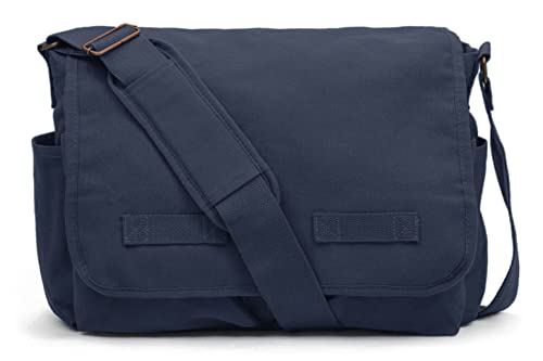 Sweetbriar Classic Vintage Messenger Bag - Original Heavyweight Cotton Canvas Shoulder Bag with Upgraded Features, Blue Navy, L