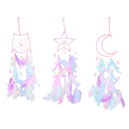 Image of 3 Pack Pink Dream Catcher for Girls Bedroom Accessories, Cat Moon Star Dreamcatcher Wall Hanging Decor, Handmade Boho Room Decorations, Birthday Gifts for Teen Girl Women