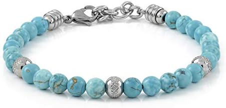 10:10 Bracciale con pietre di turchese naturali da 6 mm, beads diamantati in acciaio inox anallergico, bracciale per uomo e donna molto resistente prodotto in Italia