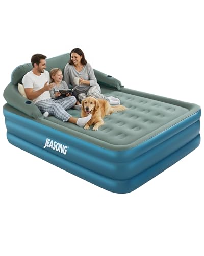 JEASONG Queen Air Mattress with Built-in Rechargeable Battery Pump & Headboard, 20 Inch Elevated Airbed Blow Up Mattress, 700 lbs Inflatable Mattress, Portable Air Bed Blow Up Bed for Home & Camping