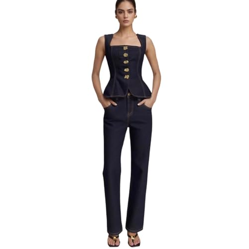 Women's Stylish Button Front High Waist Denim Top And Pants