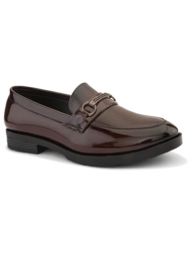 Image of STANPHORD Men Glossy Horsebit Loafer Shoes | Shiny PU Slip-On Moccasins | Cushioned Anti-Slip | Office Formal Party Business Wear(TPSL 25013)