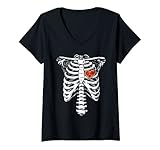 donna scheletro pizza cuore rib cage divertente adulto bambini halloween maglietta con collo a v