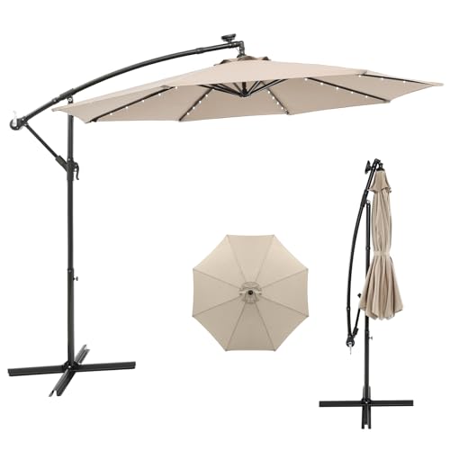COSTWAY Parasol Déporté 3x3M avec 40 LED Solaire, Parasol de Jardin Extérieur à Manivelle,...