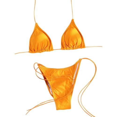 Gyios bañador Mujeres Traje De Baño Triángulo Rojo Bikini, Halter Top con Corbata Cuentas Oro Lado Alto Corte, Color Sólido Micro para La Fiesta Piscina Playa-og1-s