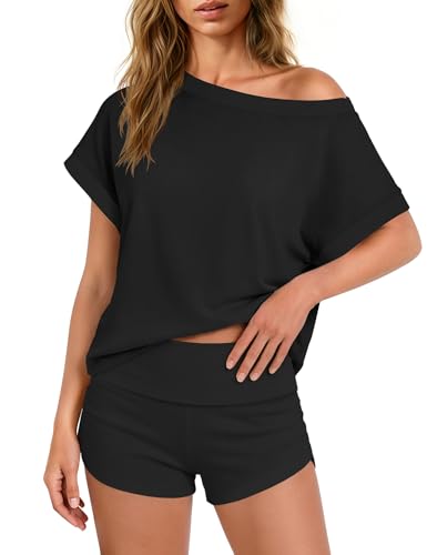 Nirovien Womens Summer Sets 2 Piece Outfits Matching Shorts Set (Black,L)