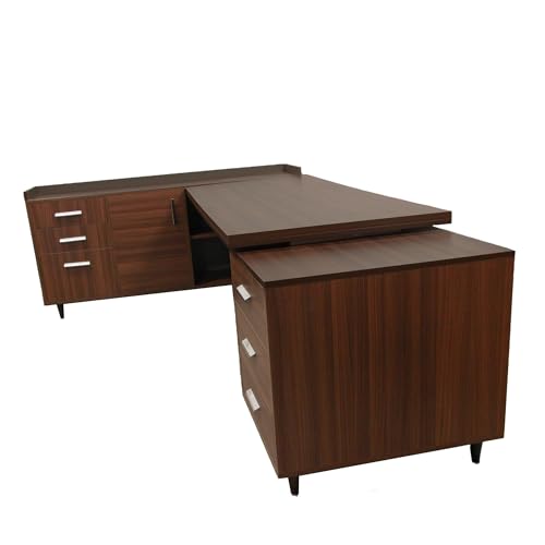 Image of Lakdi The Furniture Co Director Table for Office Desl Unique Design L-Shape Table Made in Particle Board with Side Unite and Openable Shutter & Storage Luxury Executive Desk Brown Color- (LDL-533)
