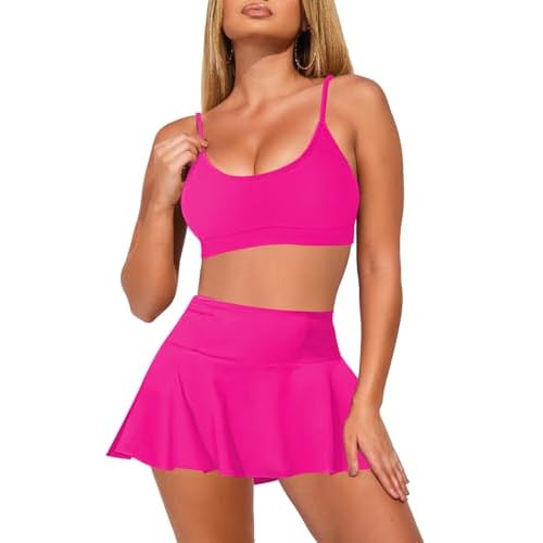 Pink Queen Women's High Waisted Bikini Set Two Piece Swimsuit Scoop Neck Spaghetti Straps Swim Skirt Bathing Suit X-Large Rose Red
