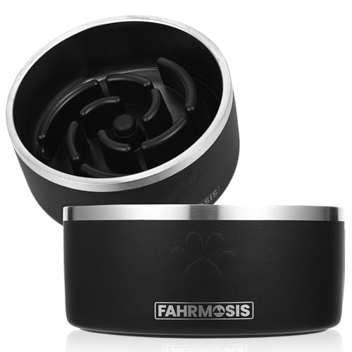 FAHRMOSIS 64 OZ Dog Bowl with Slow Feeder Insert Stainless Steel Pet Water Bowl for Medium & Large Breed Non Slip Rubber Base & Plastic Puzzle Feeder - Black