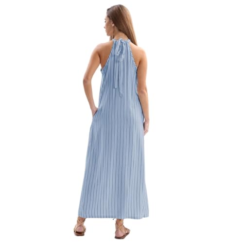 Image of Amazhiyu Women's Linen Striped Halter Sleeveless Maxi Dresses Summer with Pockets