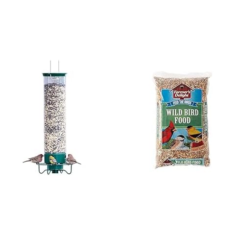 Droll Yankees YF-M Yankee Flipper Squirrel-Proof Wild Bird Feeder with Weight Activated Rotating Perch - 5Lbs & Wagner's 53002 Farmer's Delight Wild Bird Food with Cherry Flavor, 10-Pound Bag Cover