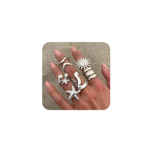 XFSRG 6 Piezas Set De Anillos Gruesos Dorados Para Mujer En Baño De Oro 14k Como Anillos De Cúpula Gruesos Modernos Para Usar Apilados O Individualmente Patrón de Sol (Plata)