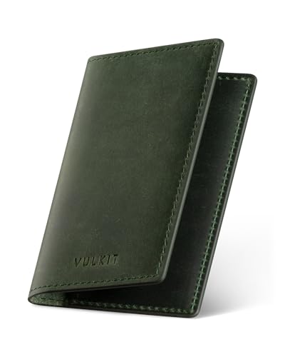Image of VULKIT Genuine Leather Business Card Holder 2 Sided Slim Business Name Card Organizer for Men or Women, up to Hold 20 cards (Genuine Green)