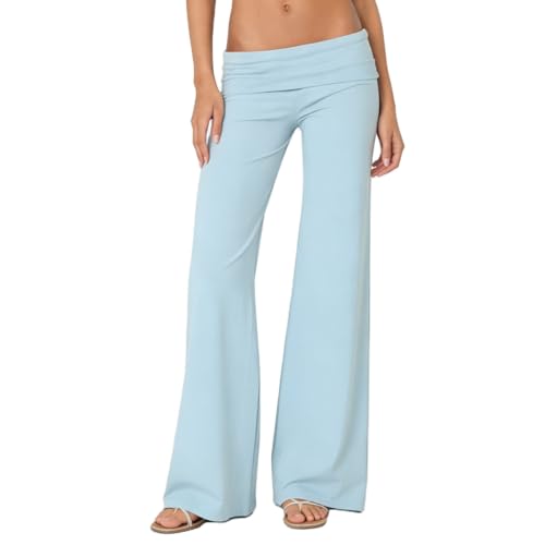 Image of Lounge Yoga Pants for Women Fold Over Low Waist Wide Leg Bell Bottoms | Y2K Foldover Pants, Flare Leggings, Low Rise Yoga Sweatpants