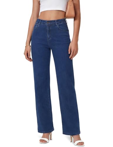 ZPIUO Straight Leg Jeans for Women - High Waisted Wide Leg,Y2K Loose Fit Denim Pants with Pockets 90s Dark Blue, Size 10