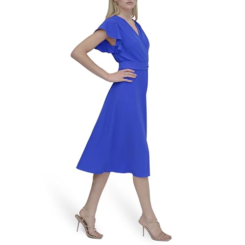 Image of DKNY Women's Flutter Sleeve Tie Fit & Flare Midi Dress