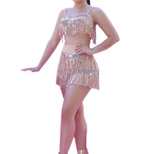 Women Sequins Bra Top and Skirt Sexy Dance Tops and High Waist Skirt Sparkly Rave Party Costumes