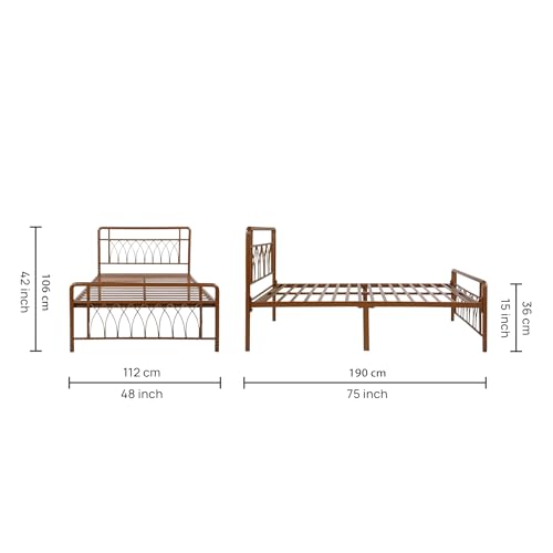 Image of Jexx Metal Single Size Bed Without Storage | Wrought Iron Single Bed with Headboard & Footboard| Sturdy Powder Coated Platform Cot for Bedroom, Living Room, (Jexx Brown)