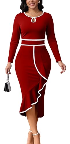 Women's Church Dresses Long Sleeve Work Business Party Dress Bodycon Vintage Wrap Ruffle Midi Pencil Dress,73Red_Medium Red