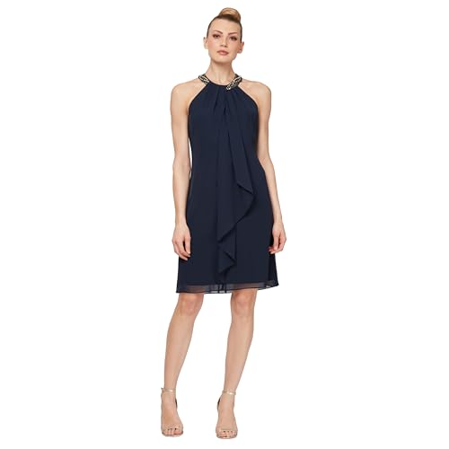 S.L. Fashions Women's Jewel Halter Neckline Cocktail, Wedding Guest, Perfect Party Dress (Petite and Regular Sizes)