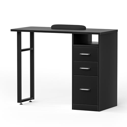 Manicure Table Nail Tech Table for Nail Tech,Acetone Resistant Nail Tech Desk w/3 Storage Drawers and 1 Open Storage Cabinet,Professional Nail Desk Nail Station w/Wrist Cushion (Manicure 19 Black)